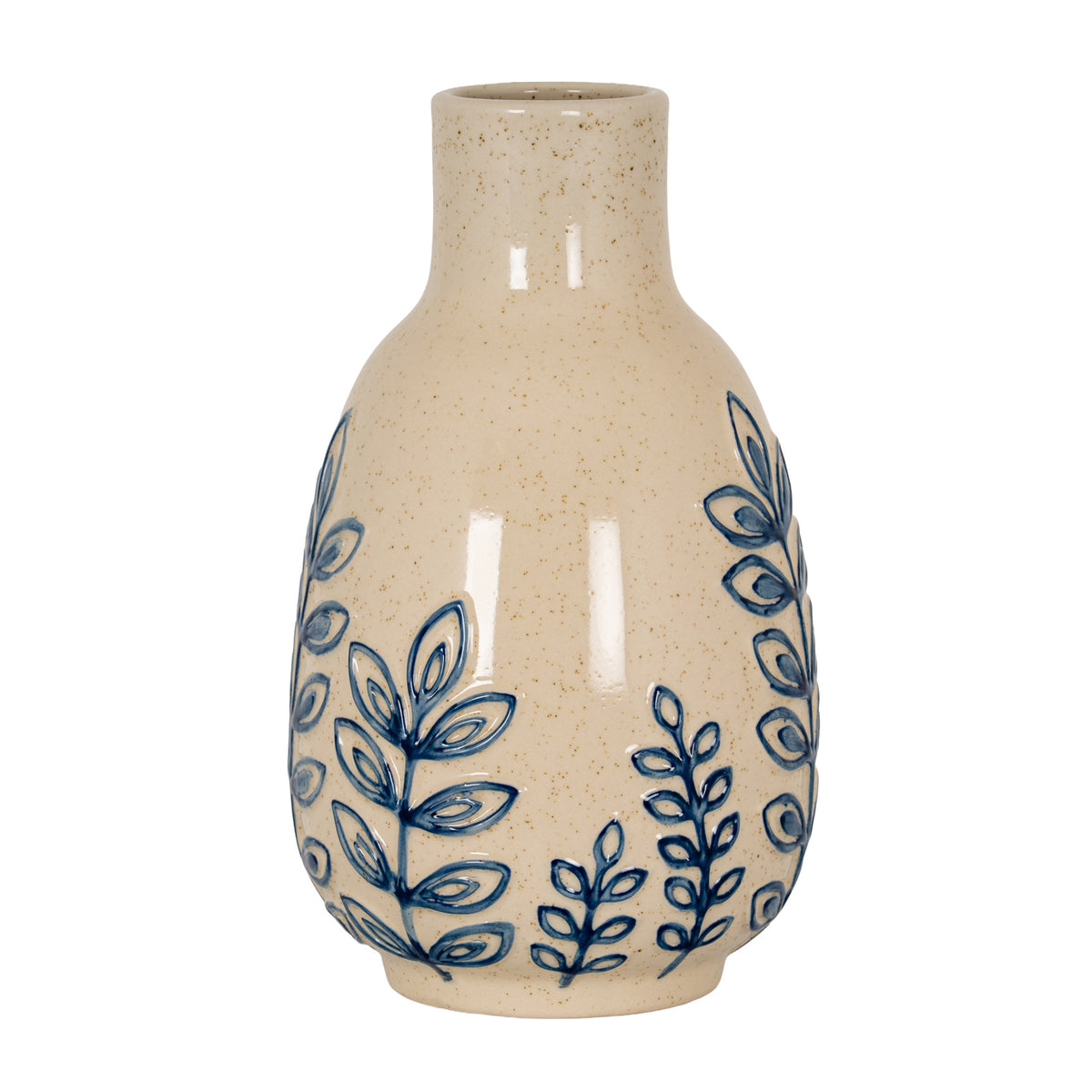 Blue Leafoutline vase on a white background, showing its open cylindrical neck, rounded body and blue leafy stems over a pale brown-speckled surface.