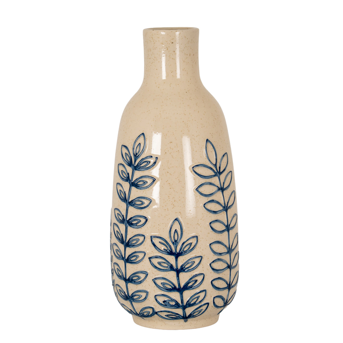 Pale speckled vase with blue outlined leafy stems, rounded shoulders and a long open neck, shown against a white background.