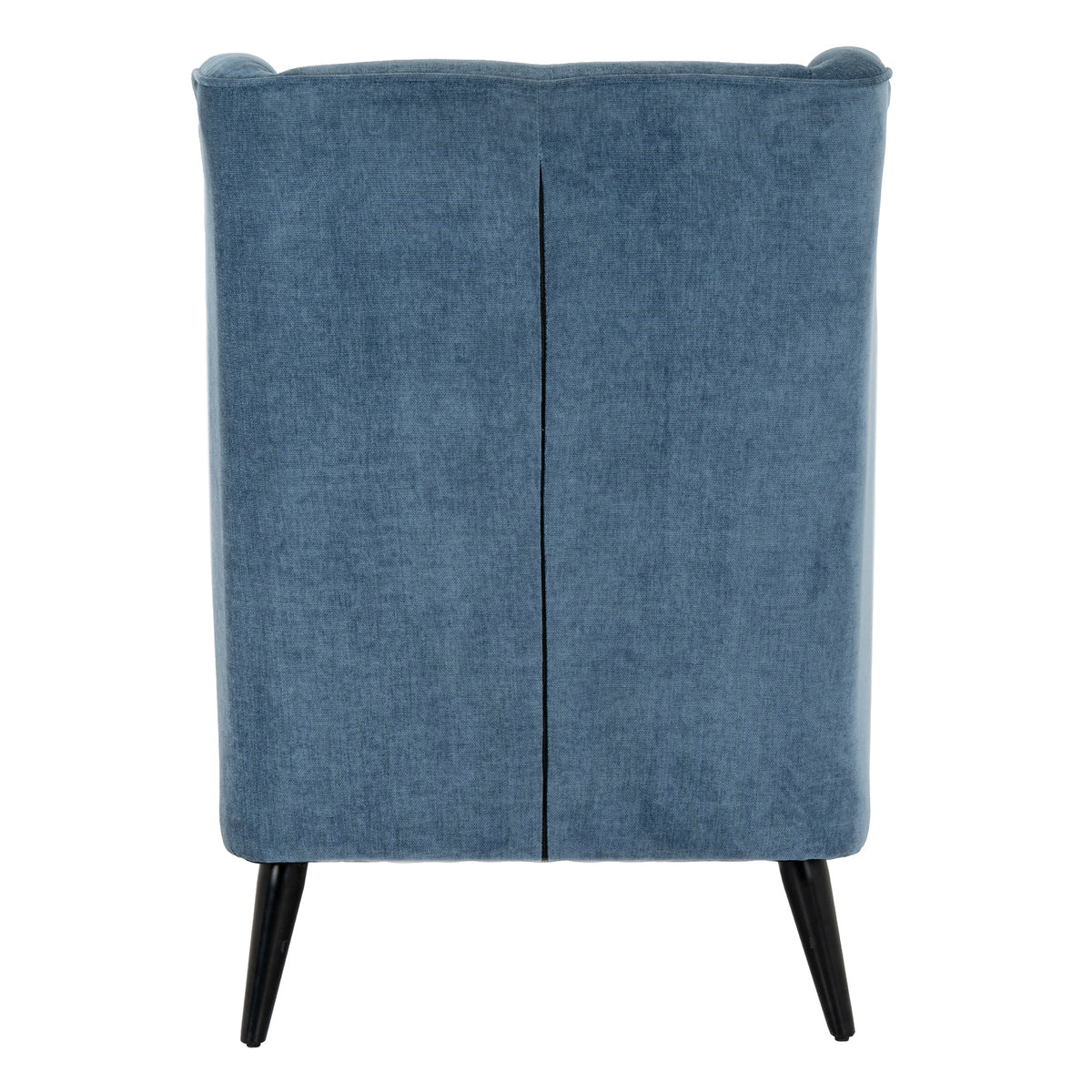 Rear view of the blue wing armchair with a central vertical seam, piping along the top edge and two visible black legs.