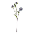Full view of the blue scallop artificial flower stem with three flower heads, sparse pointed green leaves and slender brown-purple branches against white.