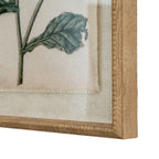 Close view of the print's lower right corner, showing a green leaf, the fine fringe-like edge of the illustration, textured pale surround and beaded frame.
