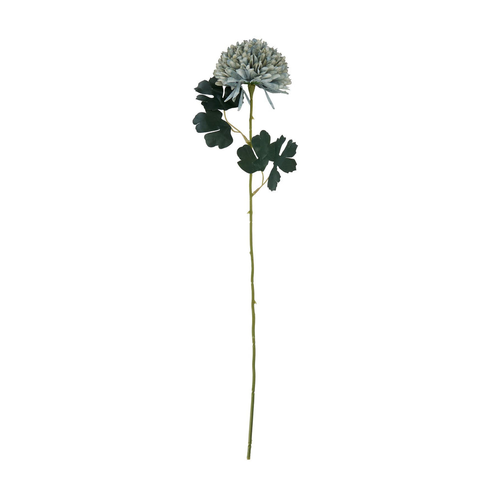 Full-length artificial flower stem against white, with a rounded blue-green bloom and dark lobed leaves on side branches.
