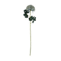 Full-length artificial flower stem against white, with a rounded blue-green bloom and dark lobed leaves on side branches.