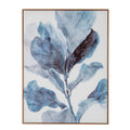 Front view of portrait botanical artwork showing broad blue-grey leaves and a dark purple leaf on a pale background, enclosed by a slim warm brown frame.