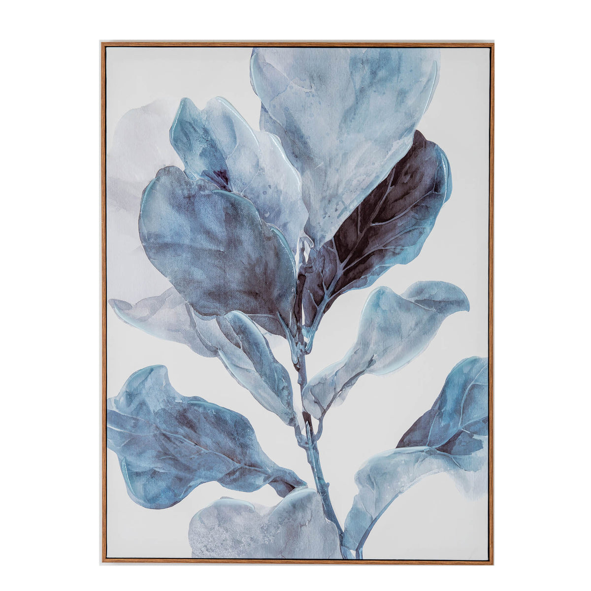 Front view of portrait botanical artwork showing broad blue-grey leaves and a dark purple leaf on a pale background, enclosed by a slim warm brown frame.