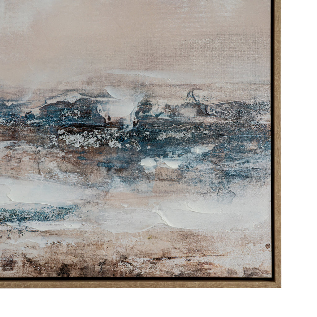 Close view of the artwork's lower section, showing layered teal, blue-grey and brown marks, raised white paint and the bottom right frame corner.