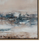 Close view of the artwork's lower section, showing layered teal, blue-grey and brown marks, raised white paint and the bottom right frame corner.
