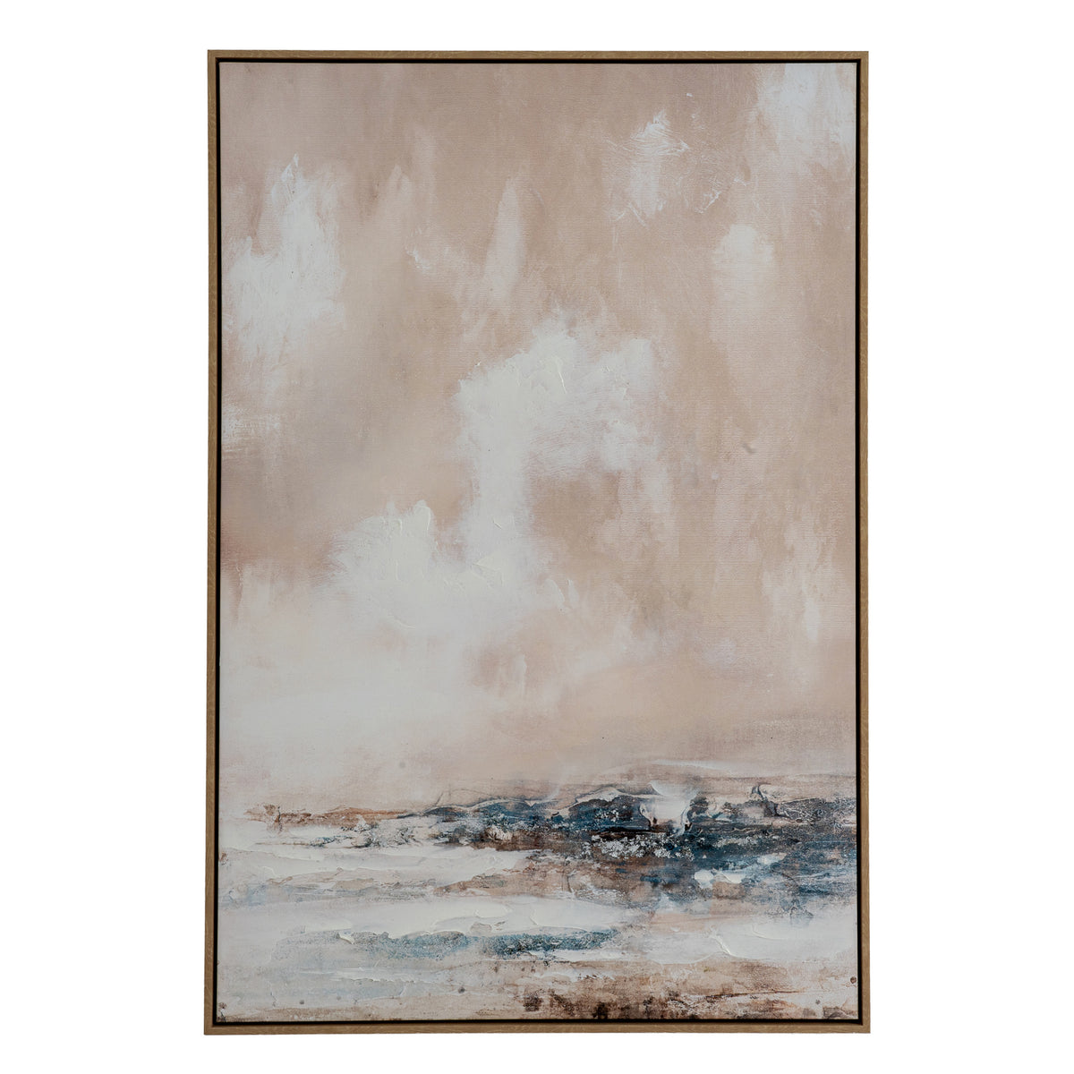 Full front view of portrait abstract artwork in a slim wood-effect frame, with a pale blush and white field above a blue-grey lower band.