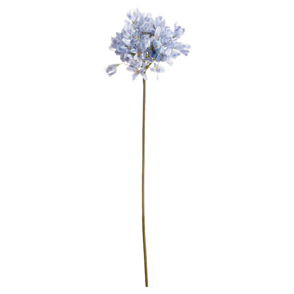 Bluehead Floret artificial flower stem against white, showing a rounded cluster of pale blue flowers with yellow-orange centres and a long green-brown stalk.