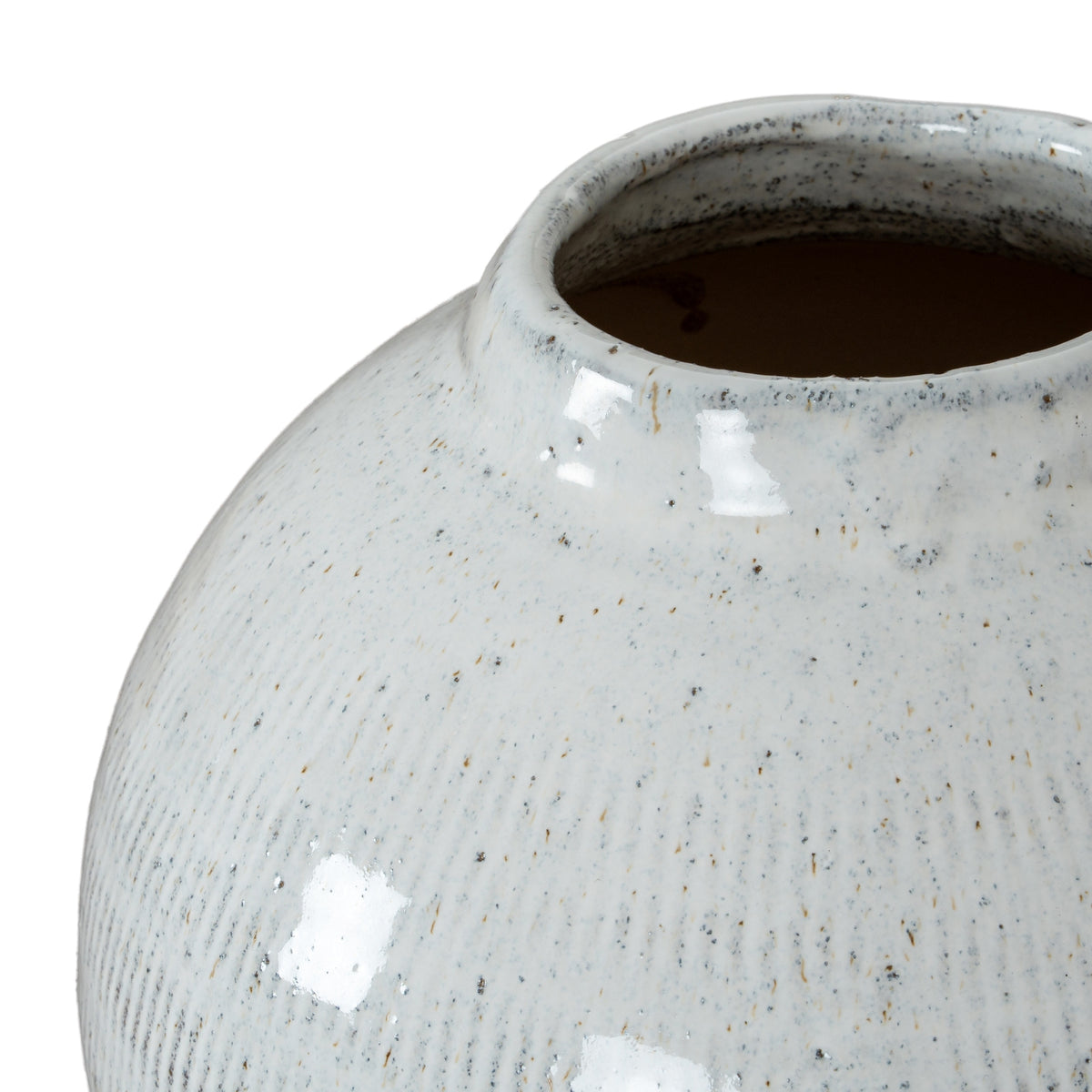 Angled close-up into the vase opening, showing the rounded rim, dark interior and speckled glossy glaze across the neck and shoulder.