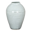 Pale blue-white speckled vase with a short open neck, rounded shoulders, an incised upper band and a tapered body against a white background.