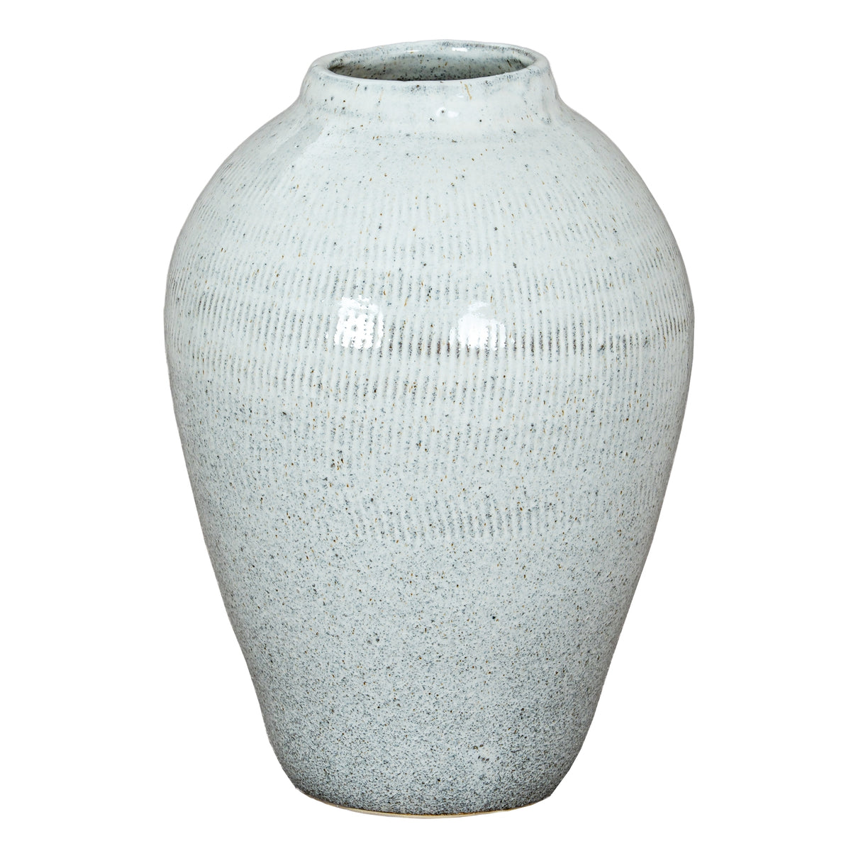 Pale blue-white speckled vase with a short open neck, rounded shoulders, an incised upper band and a tapered body against a white background.