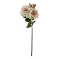 Artificial flower stem on a white background, with two open cream and blush-pink blooms, a smaller cupped flower, gold-brown centres and green leaves with russet colouring.