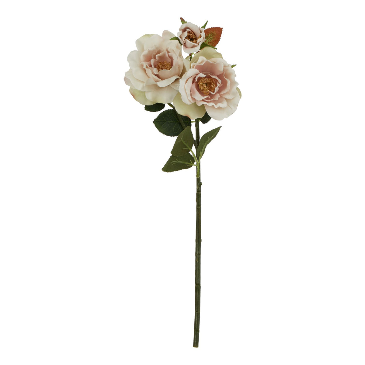 Artificial flower stem on a white background, with two open cream and blush-pink blooms, a smaller cupped flower, gold-brown centres and green leaves with russet colouring.