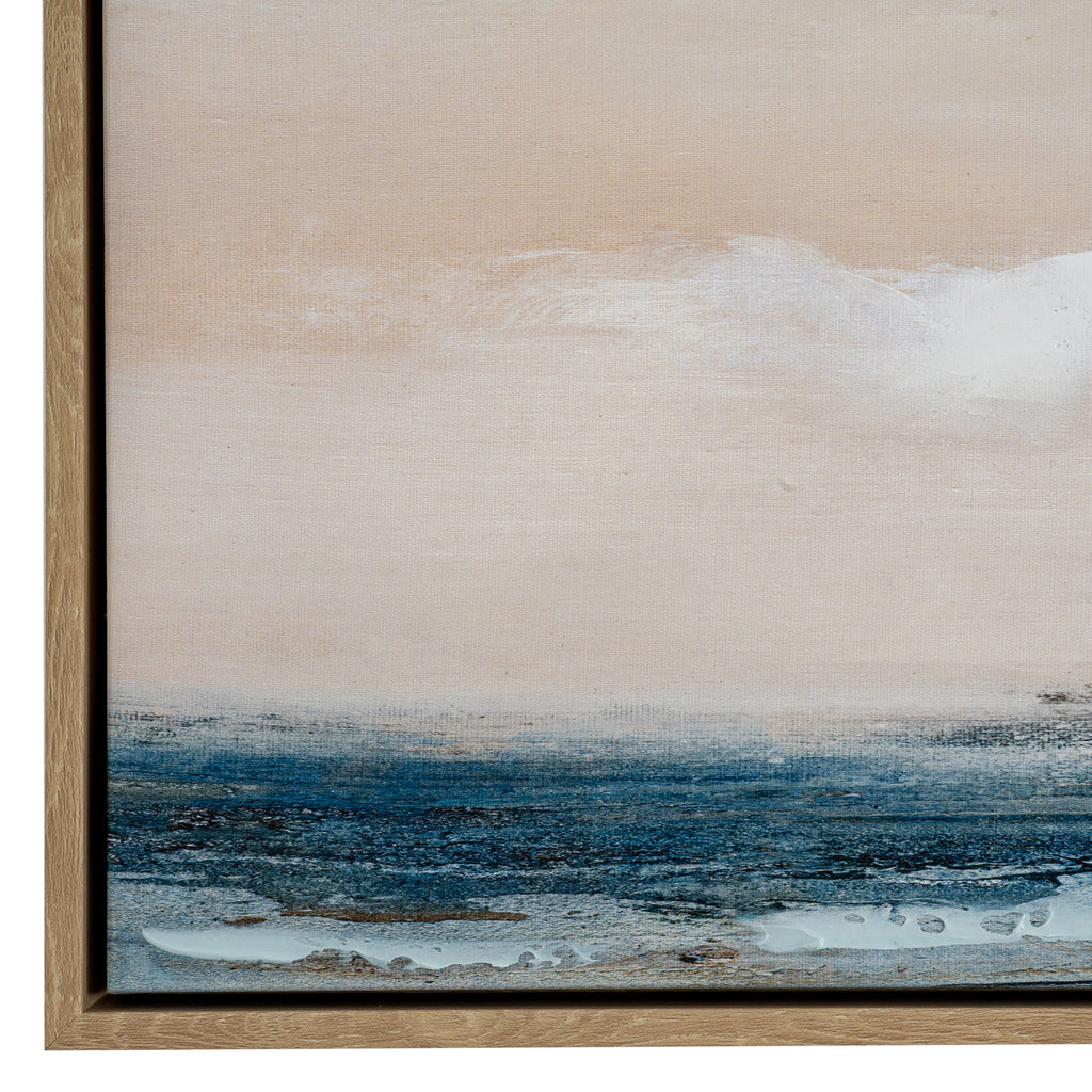 Close-up of the artwork's lower left corner, showing pale washes, layered blue marks and raised white paint inside the wood-effect frame.