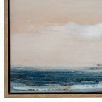 Close-up of the artwork's lower left corner, showing pale washes, layered blue marks and raised white paint inside the wood-effect frame.