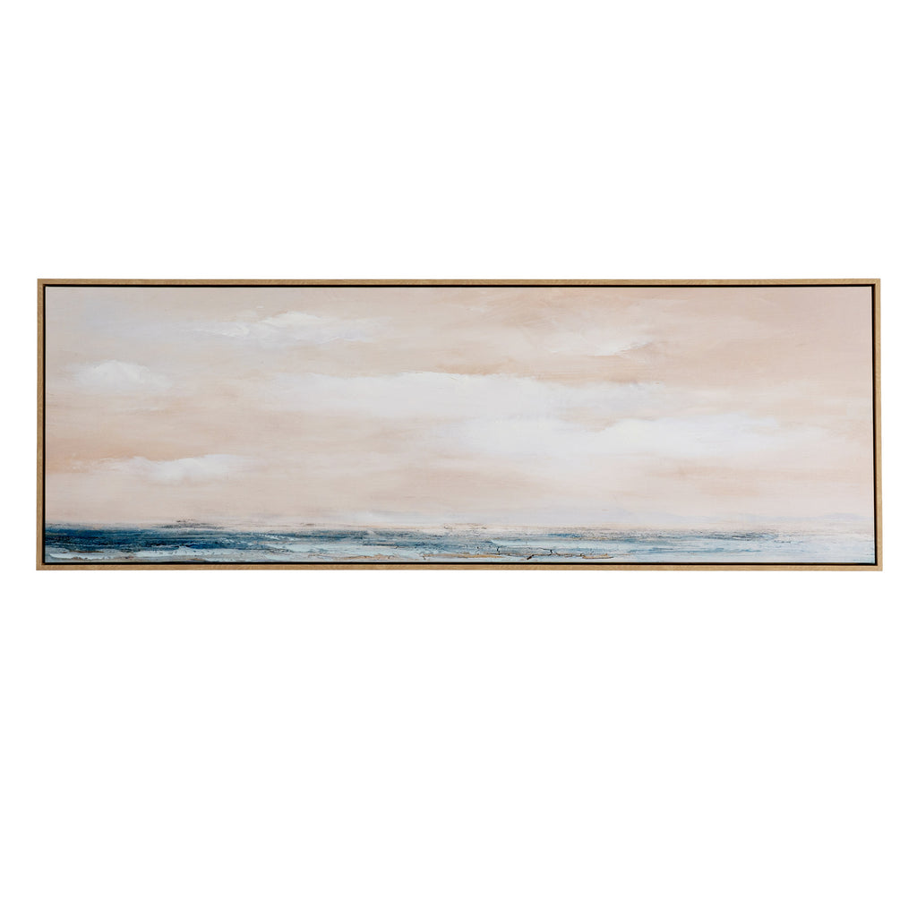 Wide framed abstract artwork with blush and white horizontal washes above a narrow blue band, shown against a white background.