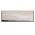 Wide framed abstract artwork with blush and white horizontal washes above a narrow blue band, shown against a white background.