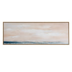 Wide framed abstract artwork with blush and white horizontal washes above a narrow blue band, shown against a white background.