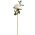 Full view of an artificial garden rose spray with a white bloom, green bud and serrated leaves along a long green stem on a white background.