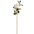 Full view of an artificial garden rose spray with a white bloom, green bud and serrated leaves along a long green stem on a white background.