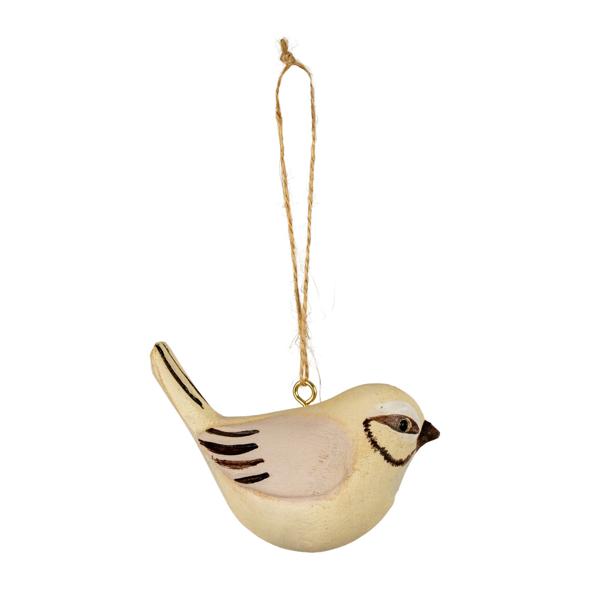 Side view of a cream bird hanging decoration facing right, with a blush-pink striped wing, raised tail and long knotted hanging loop.