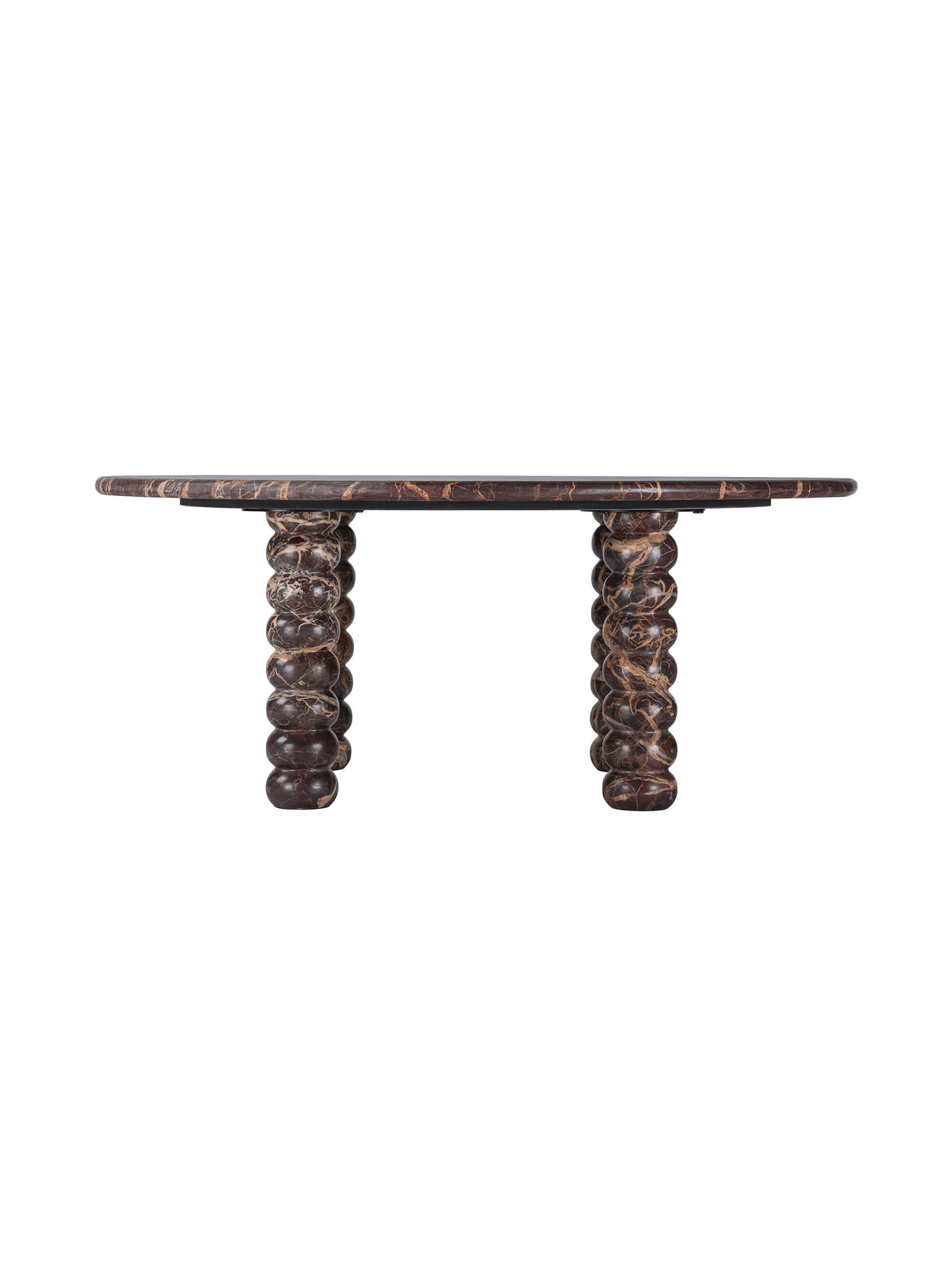 Side view of the marble coffee table showing the slim rounded tabletop edge and bobbin legs beneath.