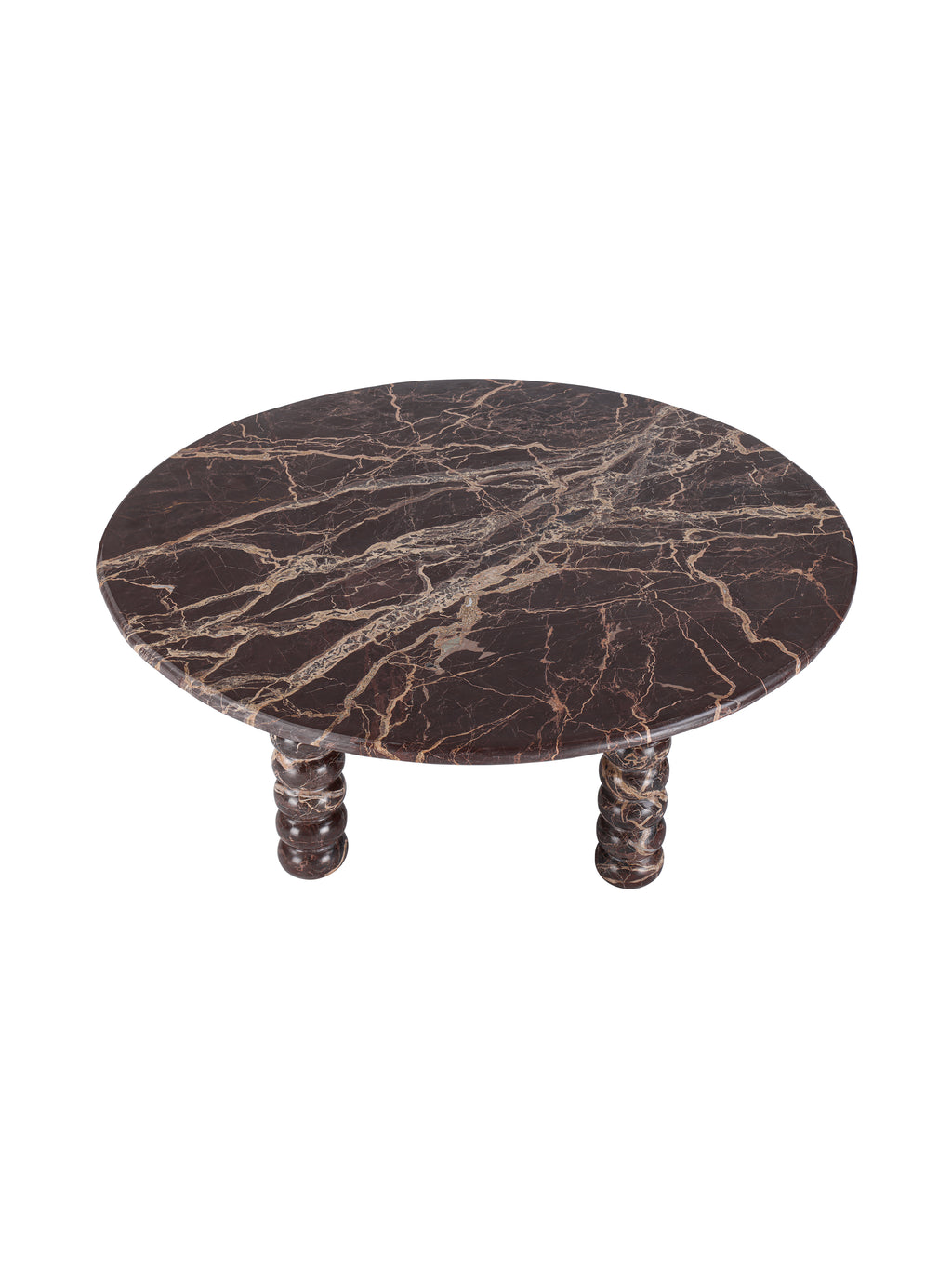 Elevated view of the circular marble tabletop, showing branching cream and caramel veins across the dark burgundy stone.