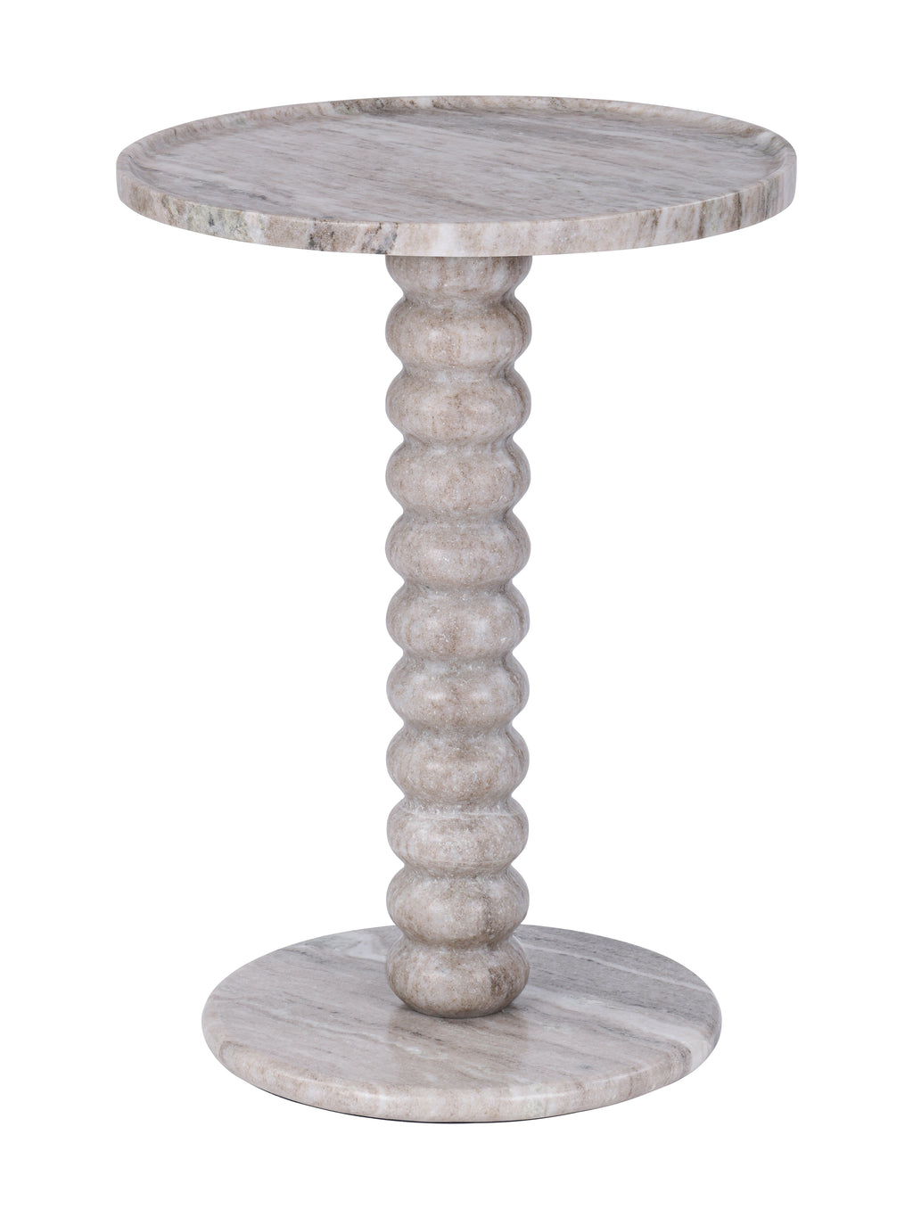 Beige marble side table with a round top, bobbin-shaped pedestal and circular base against a white background.