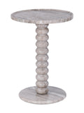 Beige marble side table with a round top, bobbin-shaped pedestal and circular base against a white background.