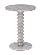 Beige marble side table with a round top, bobbin-shaped pedestal and circular base against a white background.