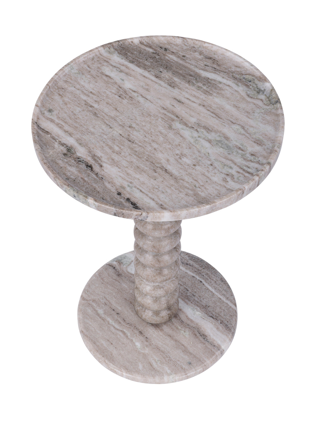 View from above of the marble side table, showing diagonal veining across its round top and circular base.