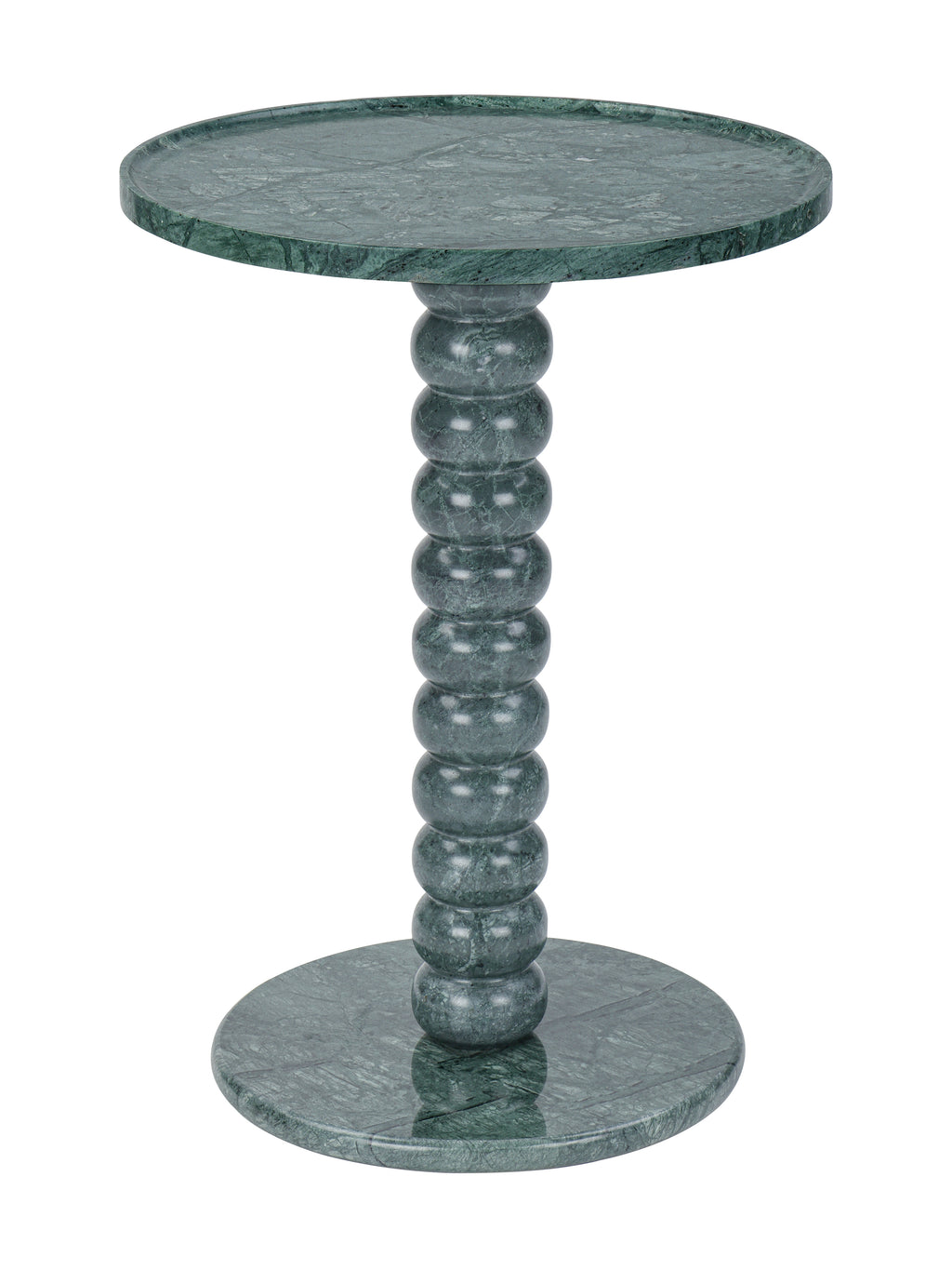 Green marble side table with a circular top, rounded bobbin pedestal and disc base against a white background.
