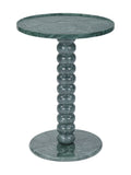 Green marble side table with a circular top, rounded bobbin pedestal and disc base against a white background.
