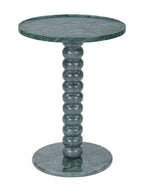 Green marble side table with a circular top, rounded bobbin pedestal and disc base against a white background.