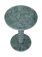 View from above of the green marble side table, showing the veined round top and circular base.