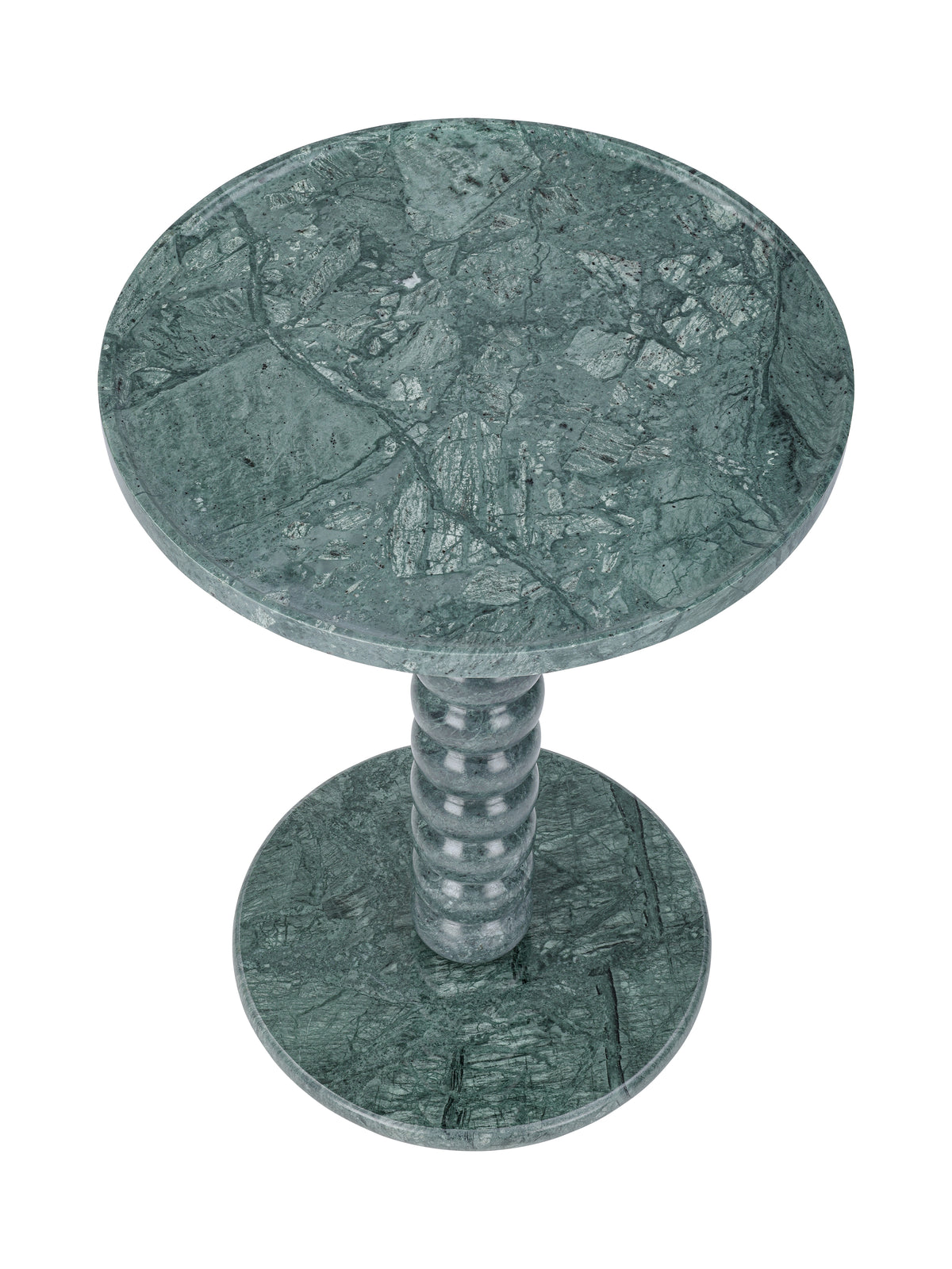 View from above of the green marble side table, showing the veined round top and circular base.