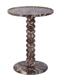 Red marble side table on a white background, with a round top, bobbin-shaped pedestal and circular base.