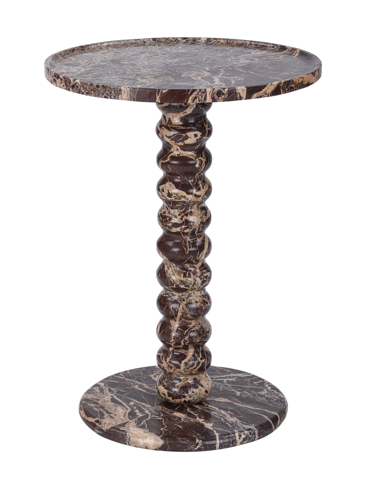 Red marble side table on a white background, with a round top, bobbin-shaped pedestal and circular base.