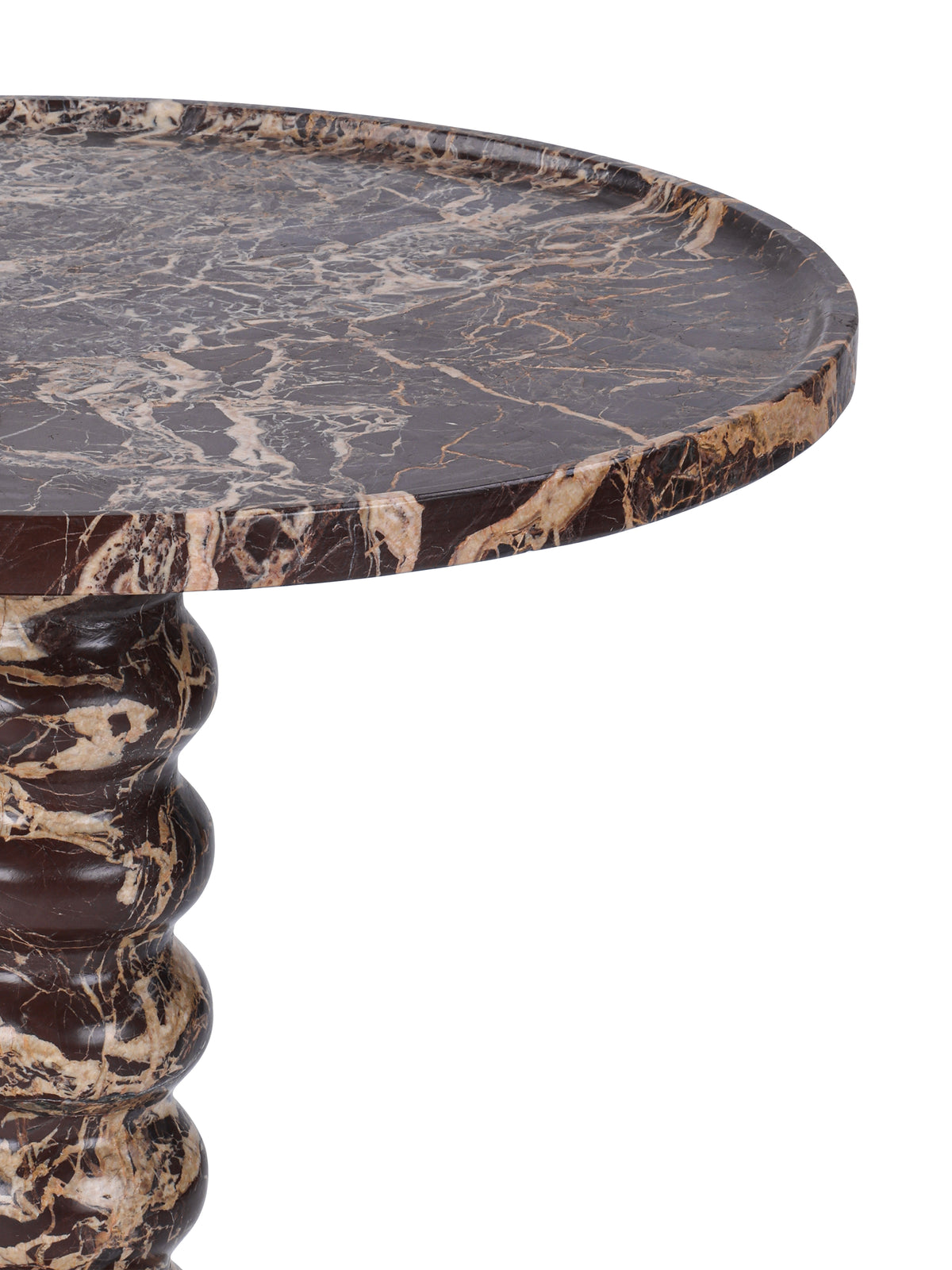 Detail of the polished round tabletop, gently raised outer edge and upper curves of the marble bobbin pedestal.