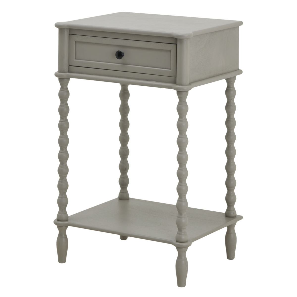 Pale grey side table shown at an angle, with a framed drawer, dark round knob, four bobbin legs and a rectangular lower shelf.