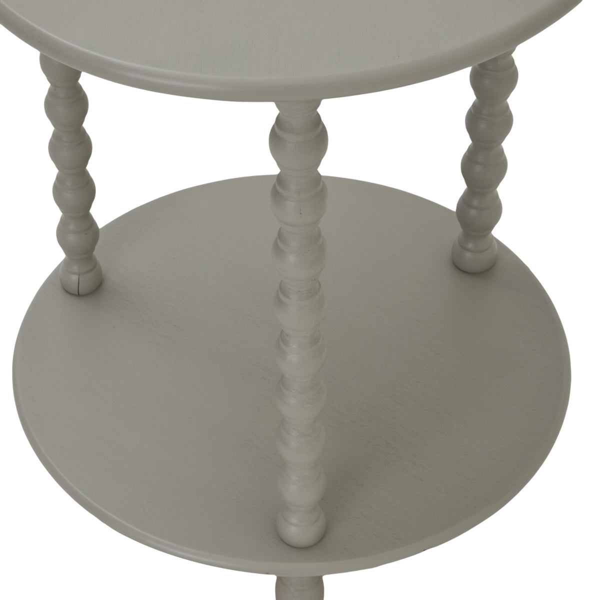 Angled detail looking down between the round tiers at the three bobbin supports and pale grey lower shelf.