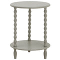 Pale grey side table with two round tiers, three bobbin-form uprights and short tapered feet against a white background.
