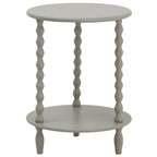 Pale grey side table with two round tiers, three bobbin-form uprights and short tapered feet against a white background.