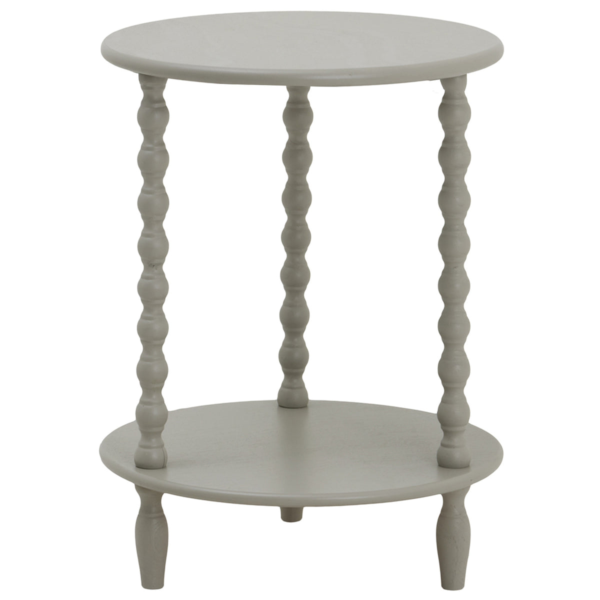 Pale grey side table with two round tiers, three bobbin-form uprights and short tapered feet against a white background.