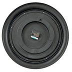 Rear view of the clock showing its circular black back, perimeter screws, hanging aperture and central movement with a battery pictured in place.