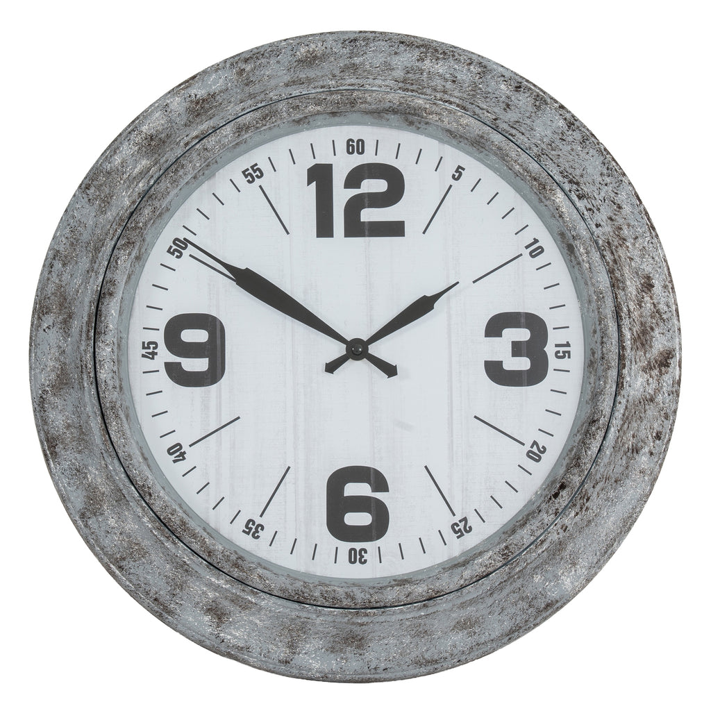 Front view of the Boldminute Wall Clock with a wide mottled silver-grey rim, pale face and oversized black numerals at twelve, three, six and nine.