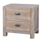 Border & Cup Bedside Table viewed from the front and right, showing two drawers, dark cup-shaped handles and a framed side panel.