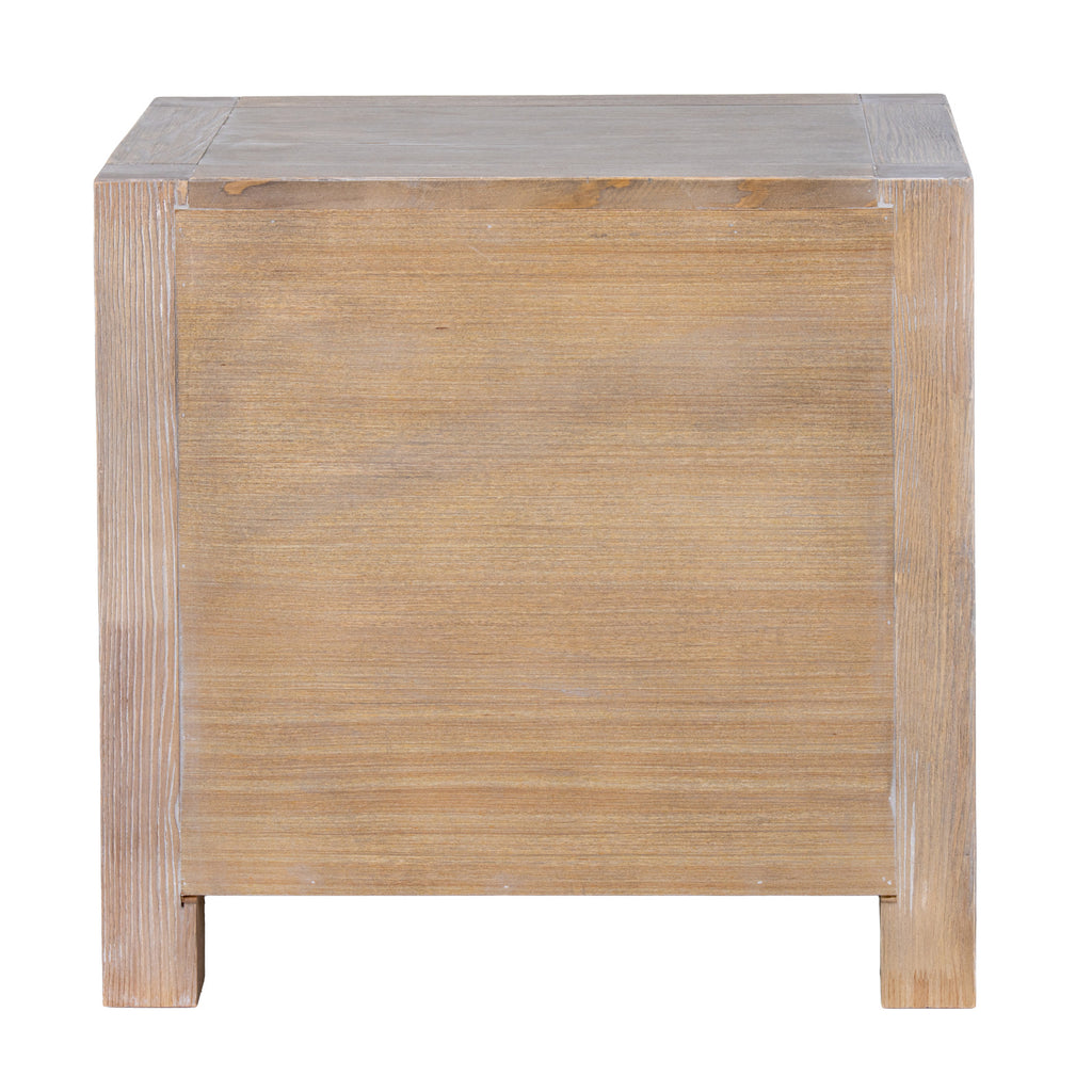 Rear view of the bedside table showing a broad pale brown panel between straight square-section supports and short feet.