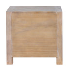 Rear view of the bedside table showing a broad pale brown panel between straight square-section supports and short feet.